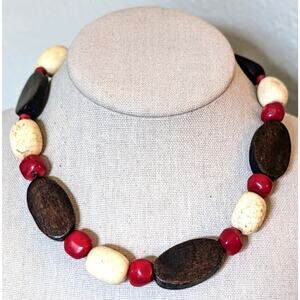 Chunky Cream & Red Stone Wooden Bead Statement Necklace W/ Toggle Clasp